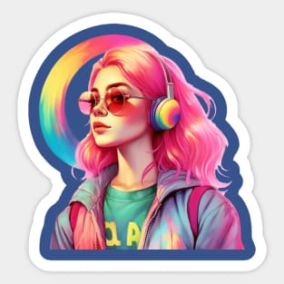 beautiful young girl in headphones with a rainbow Sticker